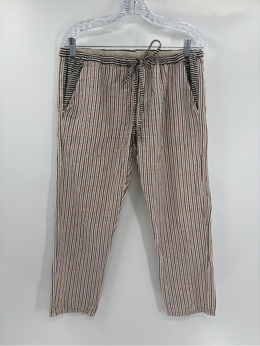 Ace & Jig Striped Metallic Linen Blend Drawstring Lounge Pants Cropped med/large